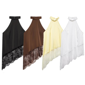Zevity 2026 ZA Marka Kadın Seksi Kolsuz Saten Halter Smock Bluz Kadın Etek Dantel Dikiş Düzensiz Gömlek Blusas Chic Tops - Product Image 1