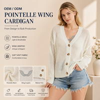 Klassischer V-Ausschnitt Langarm-Cardigan mit Knopfleiste und Pointelle-Strick, Damen-Strickjacke mit Flügel-Intarsia, Lässiger Cardigan-Pullover