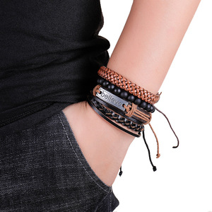 MG7 4 pièces/ensemble Bracelets en <span class=keywords><strong>cuir</strong></span> tressé pour hommes - Vintage, Believe, Perles en <span class=keywords><strong>bois</strong></span> Poignet Noir Brun - Product Image 3