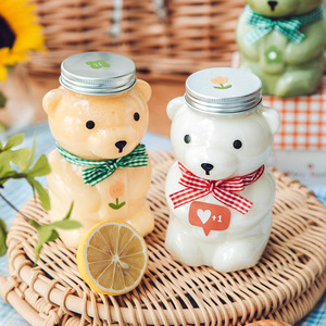 Venta caliente Forma de oso PET Botella de agua de plástico Tapa de aluminio Bebidas Jugo Café Leche Soda Con tapón de rosca Vestido frío - Product Image 4