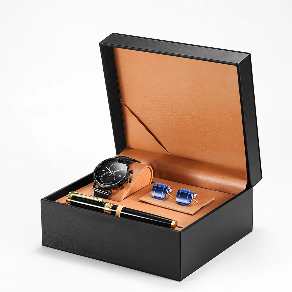 Sinobi Uhr Luxus Armband Set S9710G Business Geschenk box Verpackung 3 Stück Geschenkset Herren Uhr Stift Manschette Link Herren Uhren set