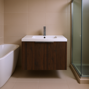 Meuble-lavabo de salle de bain 30 pouces en noyer de Californie, fermeture douce, fixation murale, design moderne et contemporain pour petites salles de bain - Product Image 2