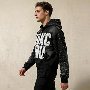 Wholesale <b>Applique</b> Embroidery Distressed Hoodie Rhinestone Zip Jacket Acid Wash Vintage Washed Men Fleece Streetwear Letter - Product Image 2