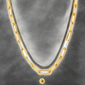 Collar con Colgante Minimalista de Eslabones Chapado en Oro 18K y Plata, Diseño Geométrico de Clip con Cierre de Mosquetón y Circonitas Grandes, Estilo INS - Product Image 3