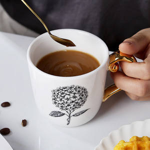 Light Luxury European Style <b>Small</b> Porcelain Coffee Mug Set Golden Handle Rustic Plant Sunflower Design Microwave Dishwasher <b>Safe</b> - Product Image 3