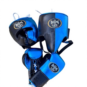 Ensemble de sparring personnalisé No Boxing No Life noir et bleu, comprenant des gants de boxe, un casque de protection et une protection inguinale respirante à lacets - Product Image 1