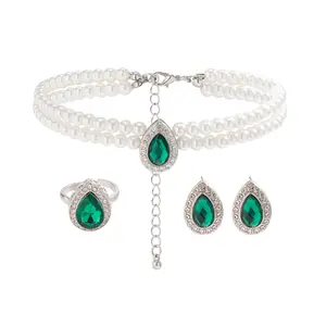 Luxury Multilayer Imitation Pearl Beaded Green Water Drop Crystal Necklace Earrings Ring Set Bride Wedding Party gift