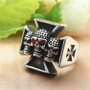 yunnique Skull <b>Ring</b> Men's Cross Shape <b>Titanium</b> Steel Retro Punk Red Stone Jewelry Gift - Product Image 2