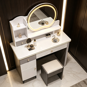Modern Makeup <b>Vanity</b> With <b>Lighted</b> Oval Mirror Storage Drawers Bedroom Dressing Table With Stool - Product Image 5