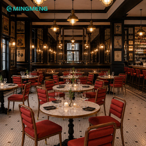 <b>Restaurant</b> Table and Chair <b>Set</b> Round Marble Top Metal Frame Red Fabric Traditional Style Commercial Furniture - Product Image 1