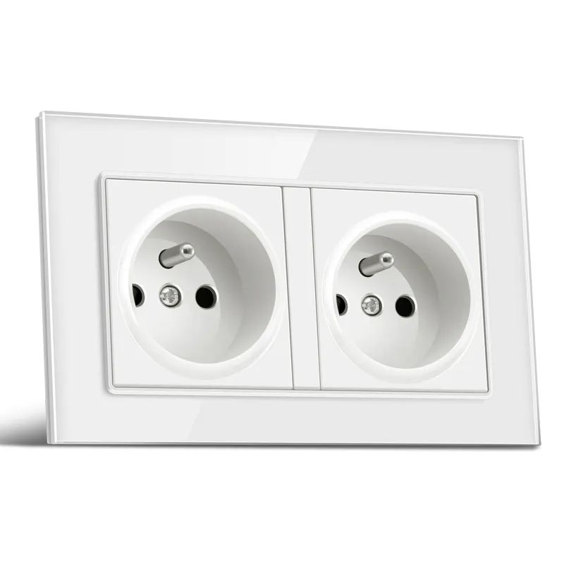 EU Standard 2-Hole French Plug Socket Low-Priced Tempered Glass Panel with 2 EU Power Wall Sockets Rated 250V and 16A