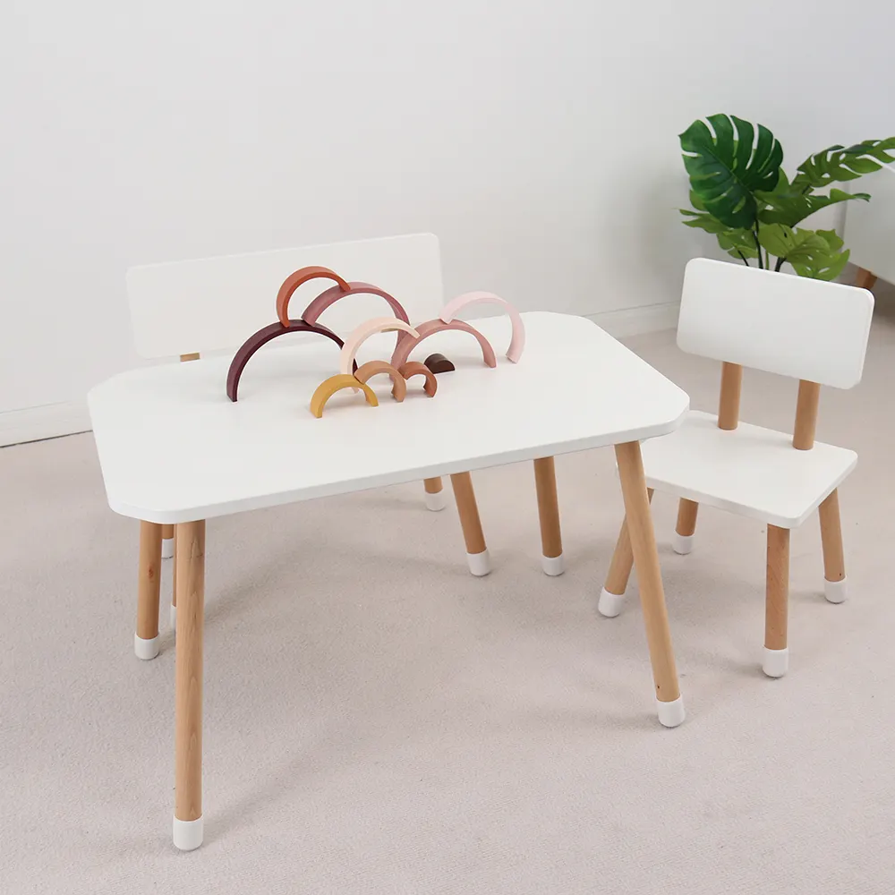 Mesas y sillas escolares pequeñas de madera polígono blanco para niños, mesa de lectura para bebés