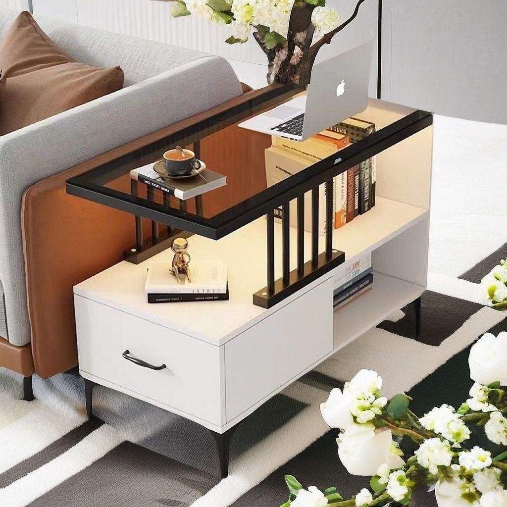 Armoire blanche + pieds noirs + plateau en verre gris