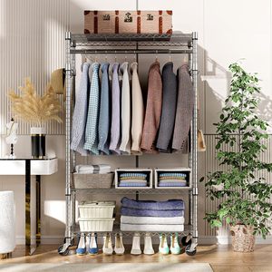 MZG Porte-vêtements sur roulettes robuste et moderne, design antidérapant, 3 niveaux, 1 barre et 3 étagères métalliques - Product Image 3