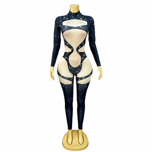 Combinaison de danse du ventre pour femmes avec strass brillants, manches longues, en spandex/nylon, ensembles pour costume de soirée - Product Image 1