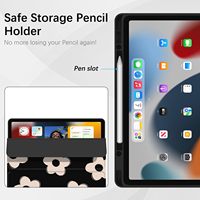 Coque de protection en TPU pour iPad Air 2 9,7 pouces 6e/5e génération, type cadre rabattable, avec emplacement pour stylet, fonction veille/réveil automatique, motif fleur noire personnalisé