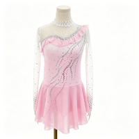 Robe de patinage rose à col montant, manches longues en maille à volants, dos découpé ovale avec strass, pour enfants et adultes, compétition et performance