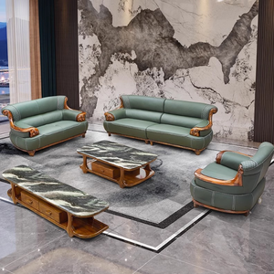 Ensemble de canapés de salon luxueux en cuir véritable, mobilier de luxe léger, placage de bois Wujin, canapé quatre places - Product Image 5