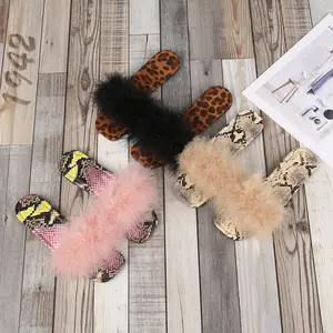 Thả Vận Chuyển Mùa Hè Da Báo Lông Dép Phụ Nữ Fluffy Dép Nữ Xu Hướng Plush Fur Slides