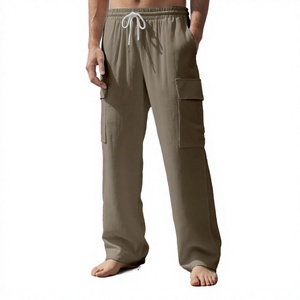 Pantalon de survêtement décontracté en coton pour homme, taille élastique avec cordon de serrage, multi-poches, léger, respirant, coupe droite, idéal pour l'été - Product Image 1
