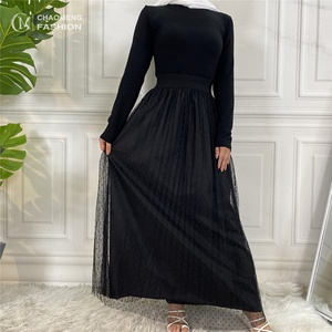 Minifalda negra de malla para mujer, con cintura elástica alta forrada, 2182 # - Product Image 1