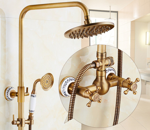 Ensemble de douche mural européen en laiton antique à double poignée avec barre coulissante, mitigeur à débit contrôlé, robinet en céramique brossé, jets mural, doux, pluie, massage <span class=keywords><strong>WC</strong></span> - Product Image 1