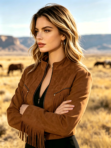 Women Retro <b>Western</b> Fringe Decor Stand Collar Zip Up Cropped <b>Jacket</b> Fashion Long Sleeve Slim Fit Short Moto Coat Streetwear Ladi - Product Image 2