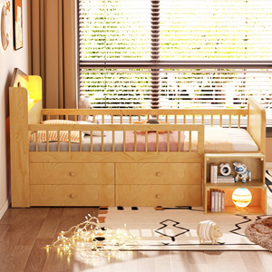 Lit enfant en bois massif naturel avec éclairage LED, tiroirs de rangement et barrières de sécurité, couleur blé, pour chambre d'enfant - Product Image 3