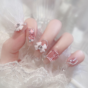 Uñas Postizas Curvas Medianas con Degradado Rosa, Lazo 3D, Estrella y Diamantes <span class=keywords><strong>de</strong></span> Imitación, Kit <span class=keywords><strong>de</strong></span> Uñas Postizas Reutilizables para Uso Diario y Fiestas - Product Image 3