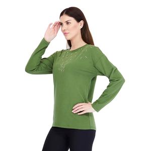 Camiseta de manga larga de algodón verde al por mayor de alta calidad para mujer con estampado de hoja frontal Camiseta de algodón informal de tacto suave para mujer - Product Image 5