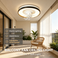 Ventilateur de plafond rond moderne avec éclairage intégré, télécommande, moteur DC, commande par application, finition noir et or, LED silencieuse, pour usage domestique intérieur