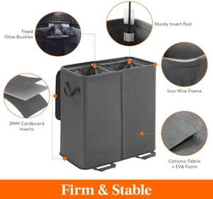 Doppio cesto per <span class=keywords><strong>biancheria</strong></span> con coperchio e sacca per <span class=keywords><strong>biancheria</strong></span> rimovibile grande pieghevole 2 divisori cesto per vestiti sporchi per camera da letto - Product Image 2