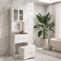 Coiffeuse moderne avec miroir éclairé et tabouret de rangement, ensemble de table de maquillage de luxe à motif marbre avec armoire en verre