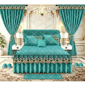 Ensemble de literie matelassé de luxe 12 pièces King Size effet coton avec jupe de lit, couvre-lit, rideaux, tapis et pantoufles, prêt à être expédié - Product Image 4