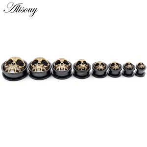 Venta al por mayor de acero inoxidable negro calavera esqueleto tapones para los oídos túneles expansor camillas medidores pendientes Piercing joyería del cuerpo