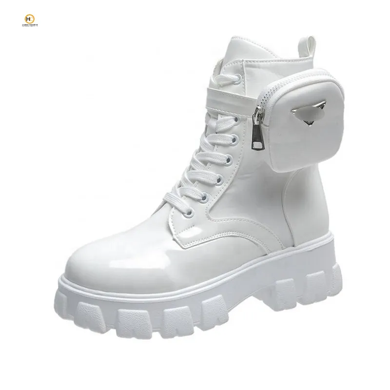 Thick-soled wallet women's boots winter new patent leather women's boots lace up motorcycle boots