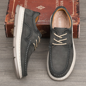 Chaussures de marche rétro pour hommes en cuir véritable à bout rond, lacées, avec semelle extérieure en caoutchouc amorti, couleur unie, style décontracté - Product Image 4