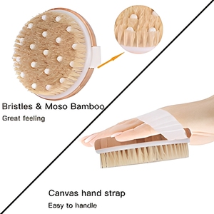 Brosse de bain en bois de bambou naturel avec logo personnalisé, brosse pour le corps, gommage à sec et exfoliation douce de la peau, avec sac en toile - Product Image 3