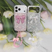 Coque de téléphone transparente Coquette Mignonne Cœur Laser Bling Cristal Nœud Perle avec Chaîne de Main Perlée Assortie pour iPhone X-17 Samsung Redmi