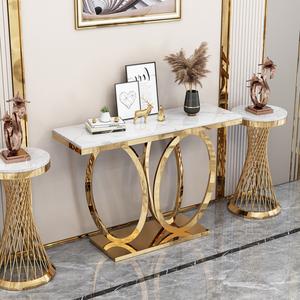 Mesa <span class=keywords><strong>Consola</strong></span> Moderna de <span class=keywords><strong>Metal</strong></span> Dorado con Cubierta Rectangular Estrecha de Piedra de Mármol, Diseño Único para Cocina, Comedor o Sala de Estar, Fabricada en Acero - Product Image 1
