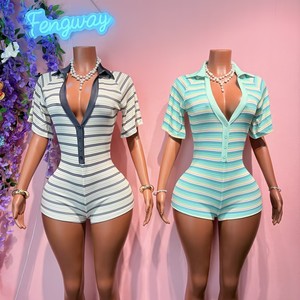2026 <strong>Women</strong> Striped Ribbed Romper Deep V Lapel <strong>Short</strong> Sleeve <strong>Jumpsuit</strong> Sexy Bodycon <strong>Short</strong> Playsuit Ladies Fashion Club Outfit - Product Image 1