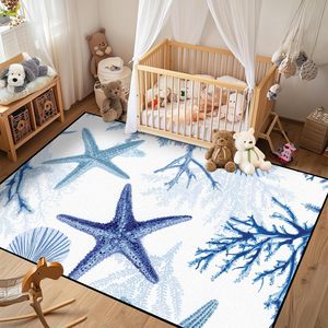 พรมลายปลาดาวชายทะเล ขนาด 2'x3' <span class=keywords><strong>สี</strong></span><span class=keywords><strong>ฟ้า</strong></span> ลายทะเล <span class=keywords><strong>ปะการัง</strong></span> เปลือกหอย ซักได้ ขนสั้น - Product Image 3