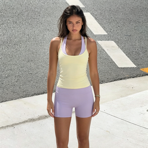 Women's Yoga <b>Set</b> 3 Piece Halter Color Block Above Knee Tank Top Shorts <b>Sexy</b> Regular Fit Summer Activewear Gym Suit - Product Image 1