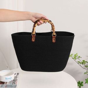 Sac de plage d'été rétro portable en paille tressée en coton rayé pour femme - Product Image 5
