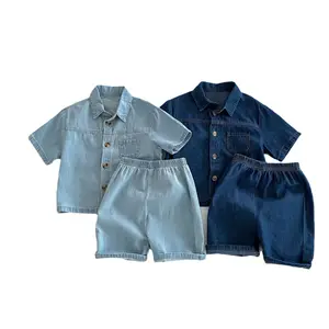 Set pakaian anak laki-laki dua potong, atasan denim lengan pendek kasual anak cewek dan laki-laki Musim Panas 2024