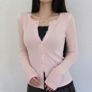 Women Breathable Knitted Ribbed Lace Trim Cardigan Long Sleeve Button Front T <b>Shirt</b> Casual Layering Top - Product Image 2