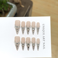 OEM ODM Vente en gros Faux ongles à presser faits main en amande, avec fleurs 3D, strass et paillettes, style français, réutilisables