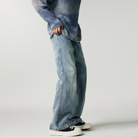 Pantalon en jean américain droit délavé pour homme avec motif bambou, coupe ajustée haut de gamme, léger, en denim bleu clair délavé à l'eau
