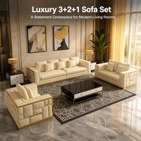 Modernes PU-Leder Sofa-Set Wohnzimmer 3-Sitzer 2 Sessel Goldener Metallrahmen Quadratisch Gesteppt Hotel-Lobby-Möbel