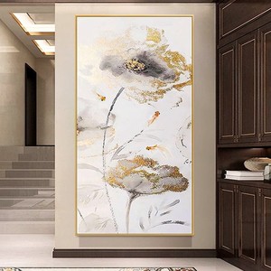 Peinture à l'huile peinte à la main, fleur de lotus abstraite, cadre doré, rectangle, art mural moderne de luxe léger pour entrée et couloir - Product Image 4